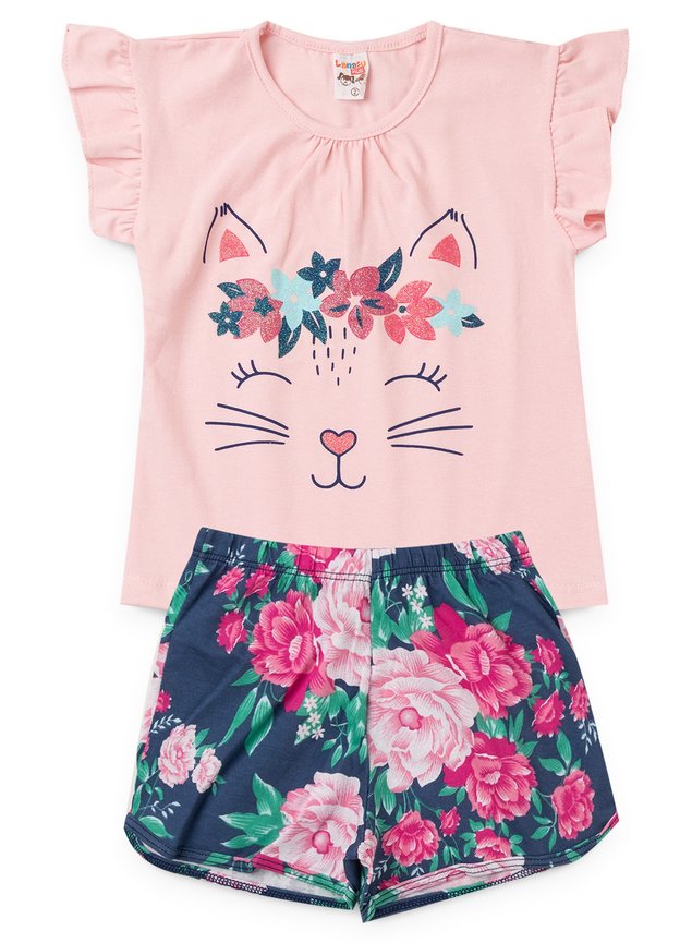 2060 rosa nude conjunto infantil femino gatinha flores floral 2
