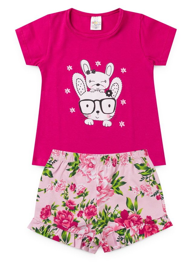 2098 pink conjunto infantil menina cachorrinho cachorro flores 2