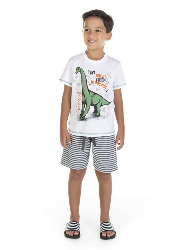 11705 branco conjunto camiseta em mmalha e bermuda em moletom listrado 0