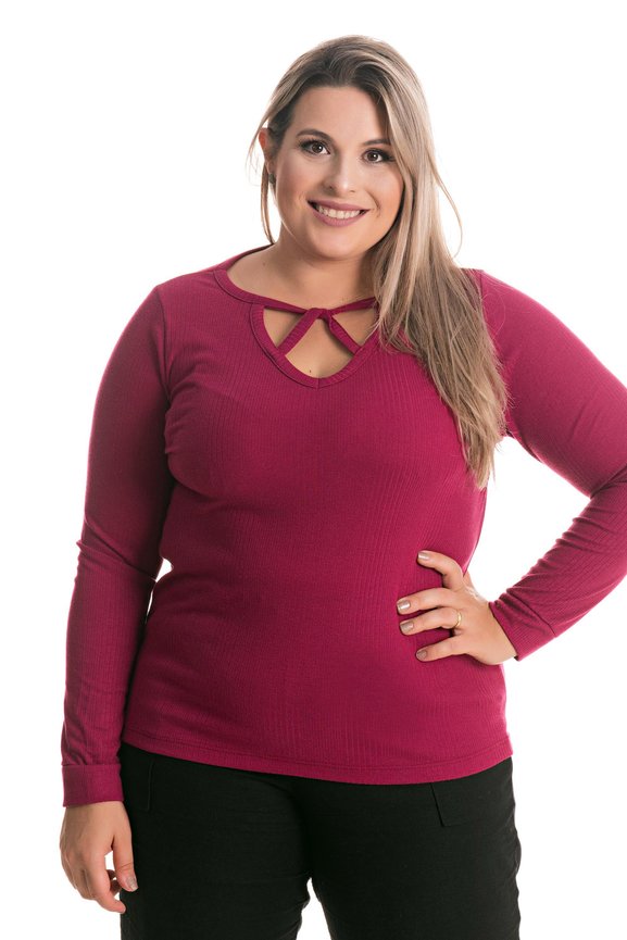 Blusa Manga Longa Feminina Canelada Gola Diferenciada