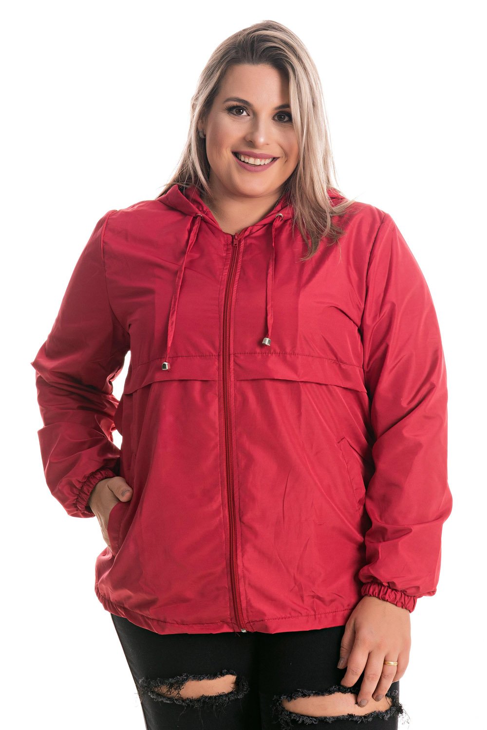 Jaqueta Feminina Plus Size Corta Vento Capuz Bolsos Frente