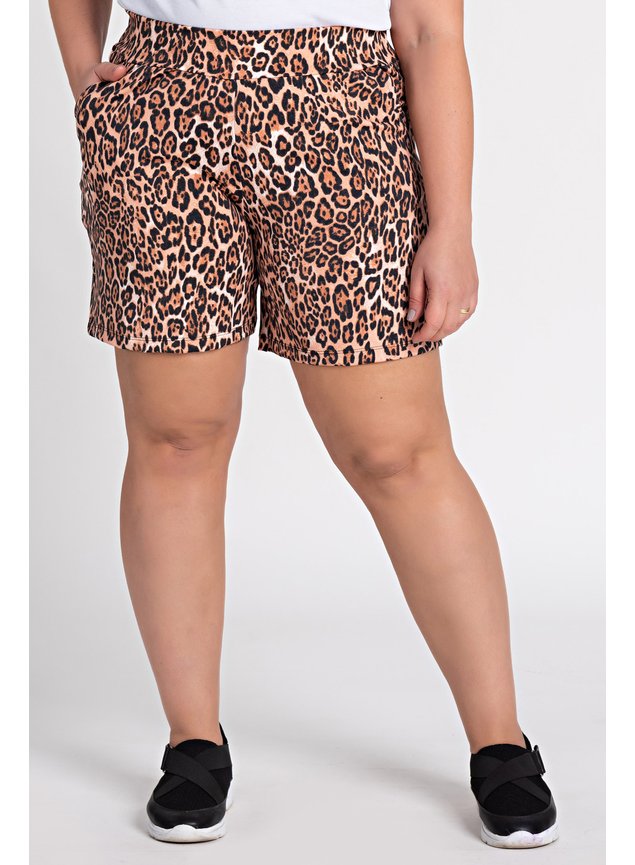 3143 short feminino plus size oncinha bolsos frente moda prime shimy 1