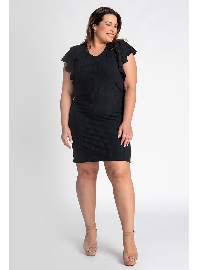 Vestido Plus Besni Roupas Plus Size Vestido Feminino Plus Size Canelado  Detalhe Babado Mangas Shimy