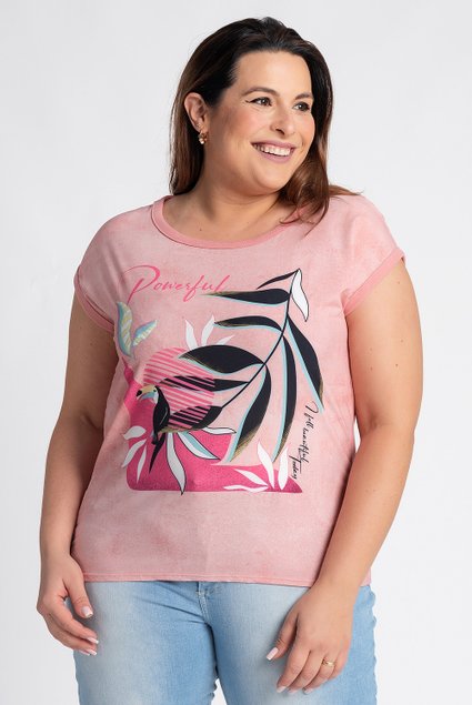 0585202 blusa feminina plus size sublimada frente cereja rosa moda prime