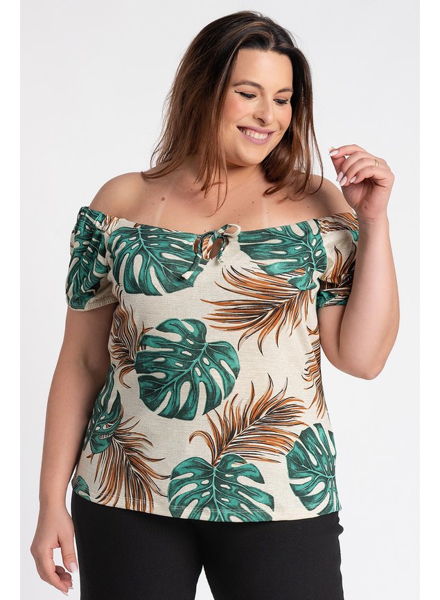 Blusa Feminina Plus Size Visco Ciganinha Estampada Detalhe