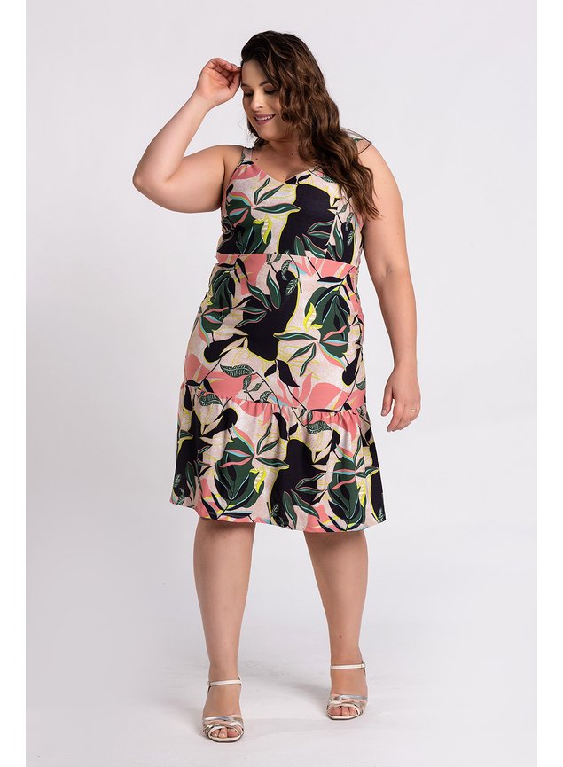 0585215 vestido feminino plus size crepe estampado alcinhas moda prime cereja rosa