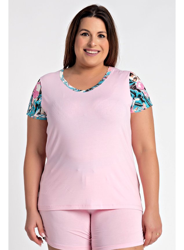 2651 blusa feminina plus size visco detalhe estampa mangas e gola serena
