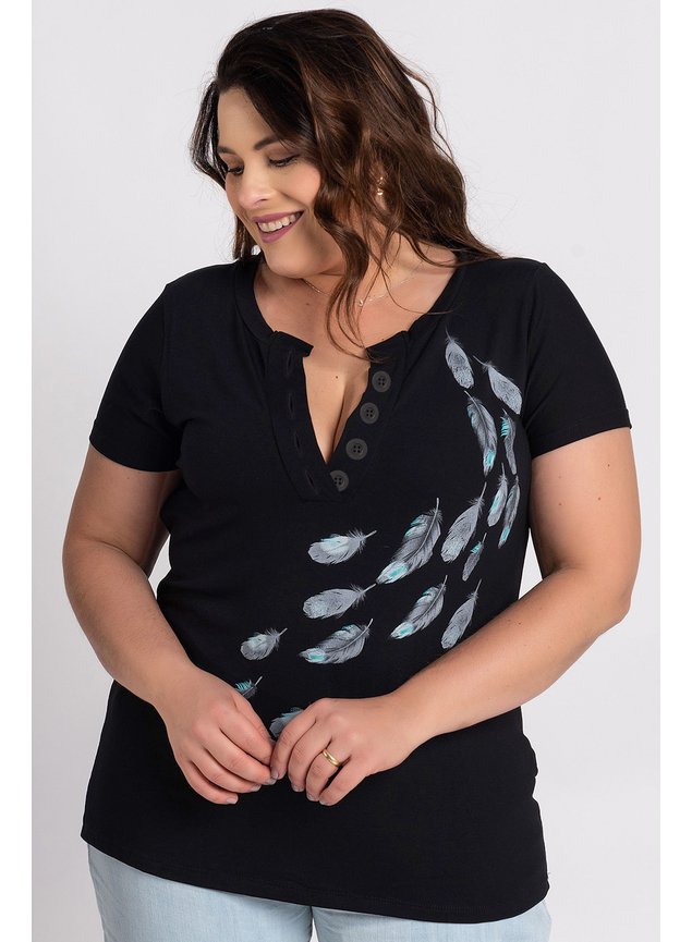 2639 2699 blusa feminina plus size visco estampada penas gola botao serena moda prime