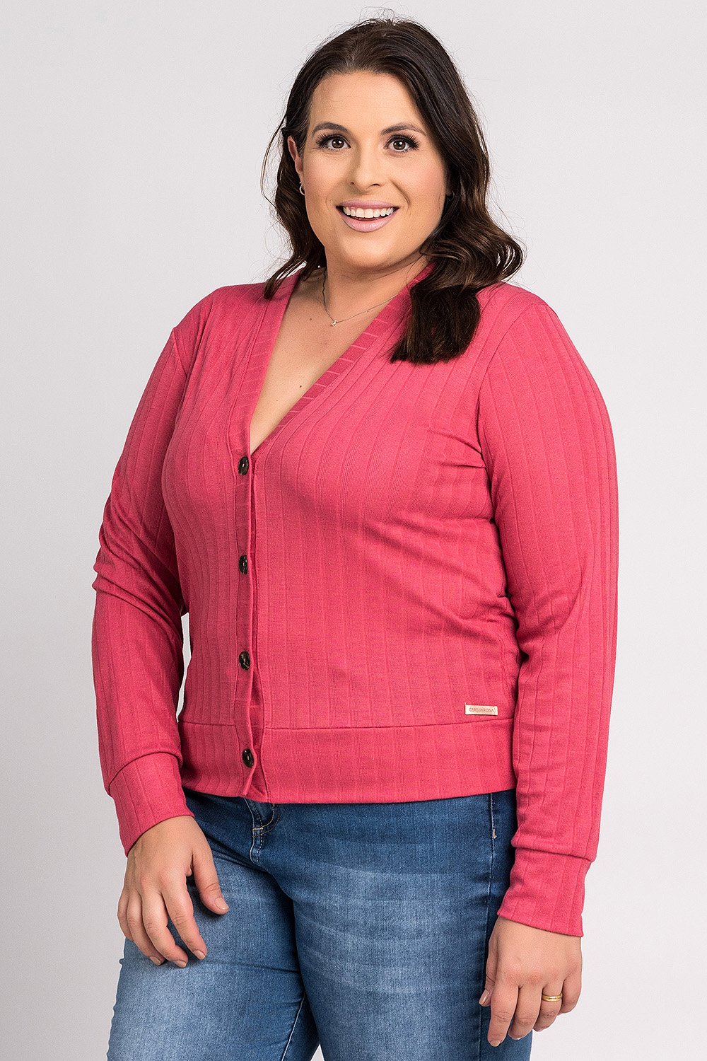 Cardigan Feminino Plus Size Detalhe Canelado Largo Fechamento