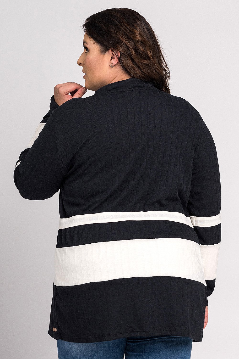 Cardigan Feminino Plus Size Detalhe Canelado Largo Listras