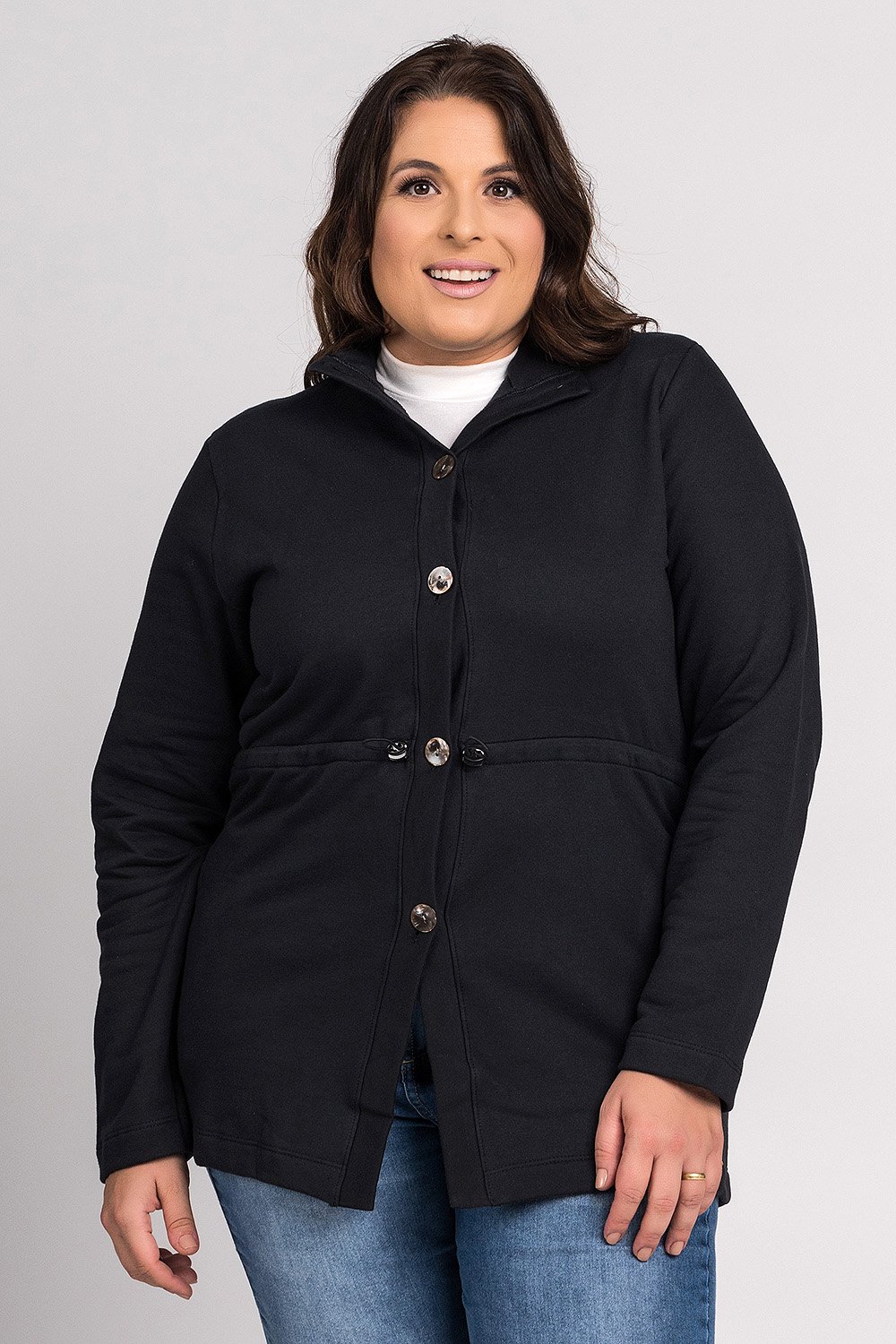 Parka Feminina Plus Size Moleton Peluciado Fechamento Botões