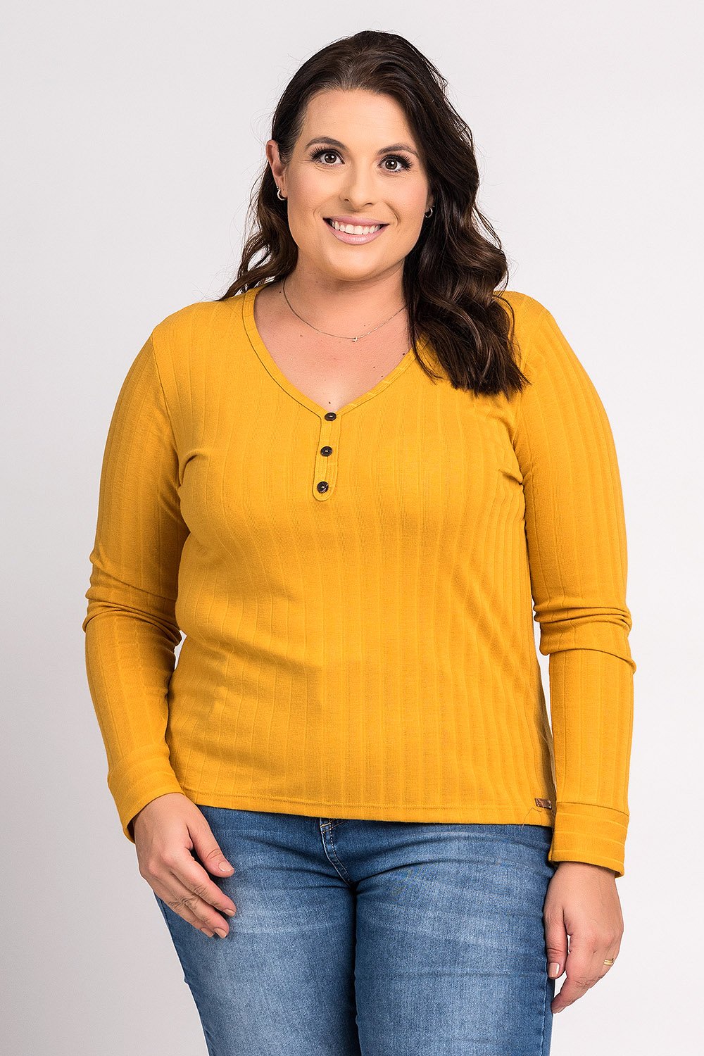 Blusa Feminina Plus Size Canelado Botões Fake Decote - Cereja Rosa