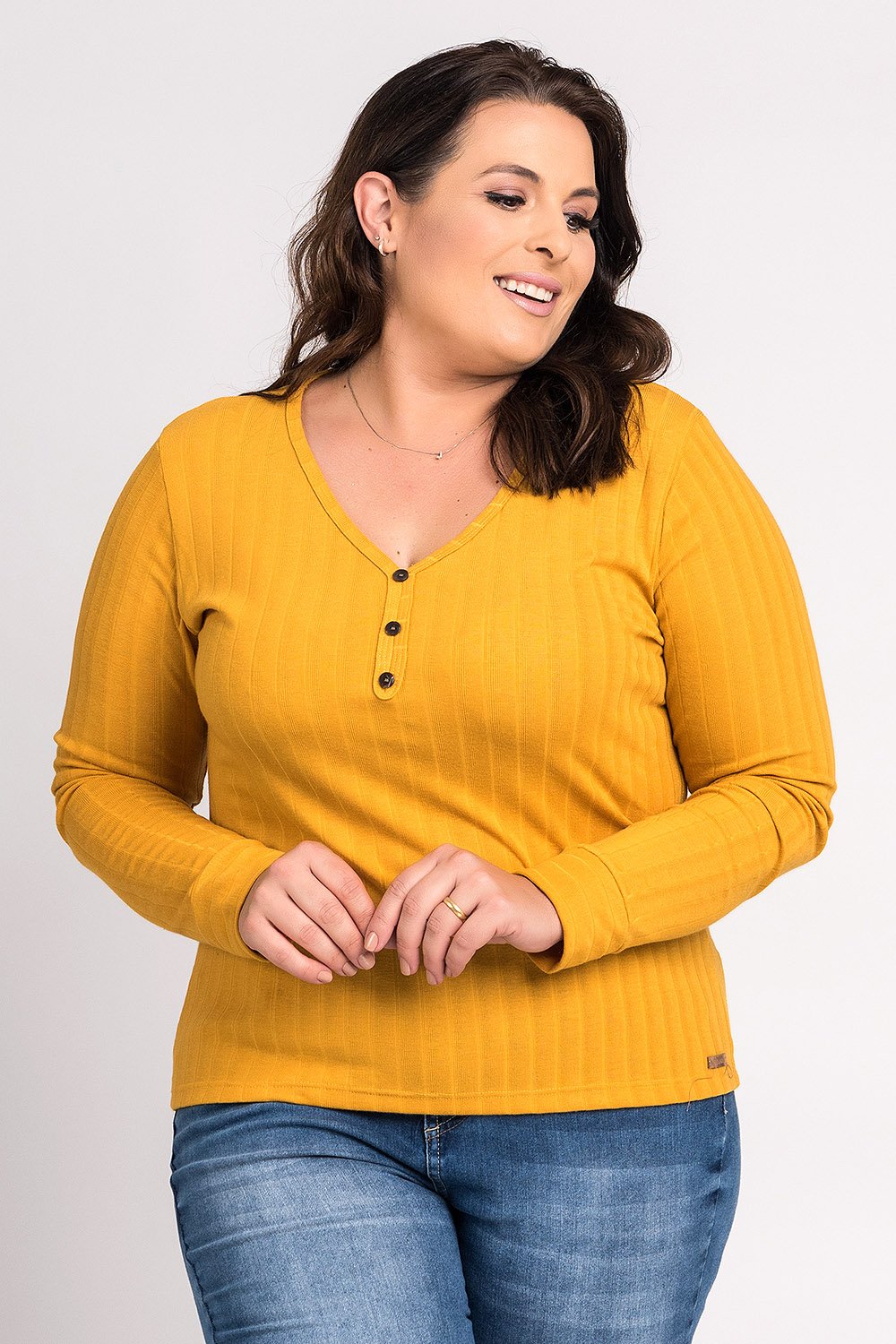 トップス Kissy Blusa Feminina Plus Size Canelado Botões Fake Decote - Cereja Rosa