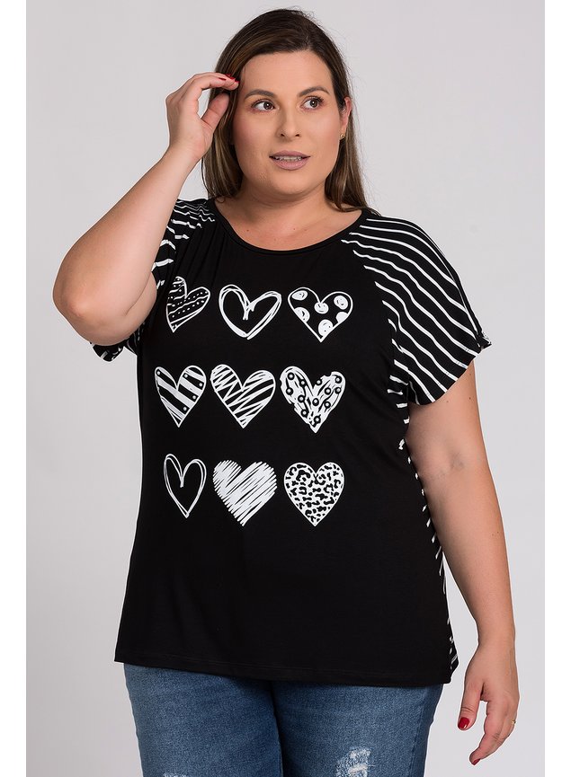 and2725 blusa feminina plus size listrada estampada frente coracoes mangas morcego anade
