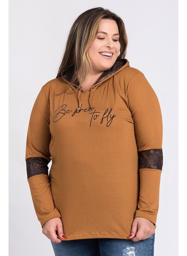 2720 blusa feminina plus size manga longa estampada be free to fly capuz serena