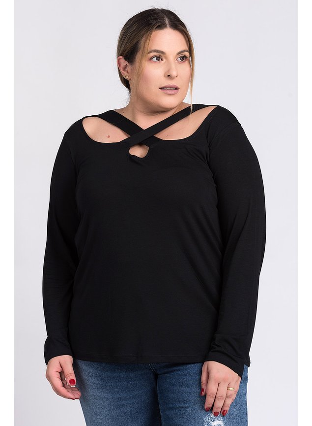 2710 blusa feminina manga longa plus size visco transpassado gola serena