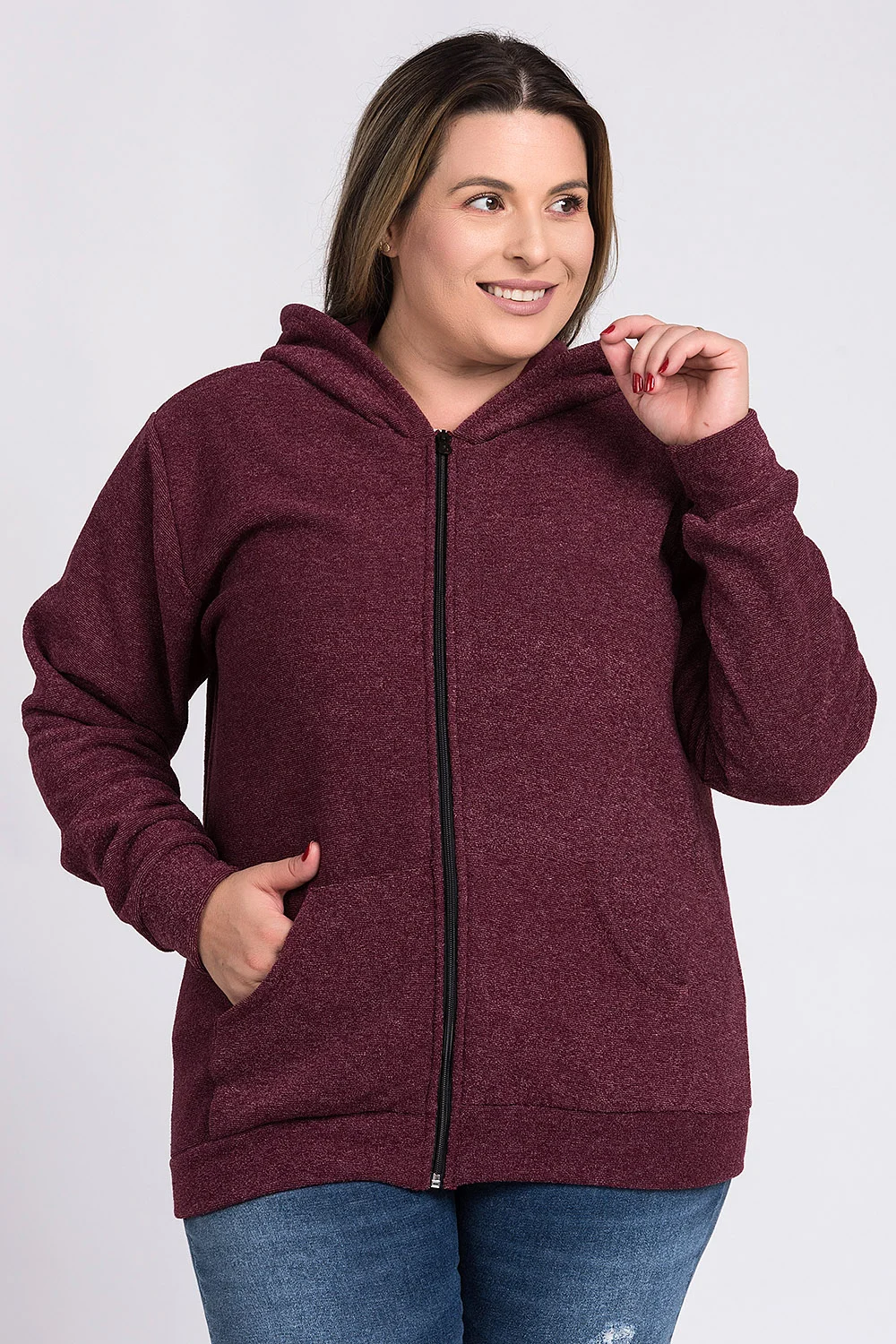 Jaqueta Feminina Plus Size Bouclê Capuz Fechamento Zíper Bolso