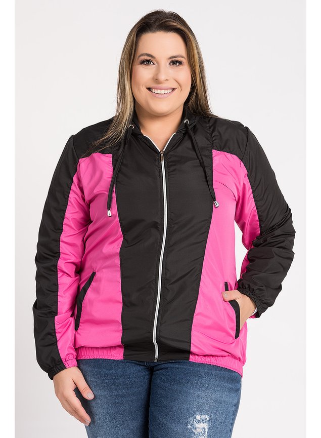 2706 jaqueta feminina plus size corta vento capuz fechamento ziper bicolor serena