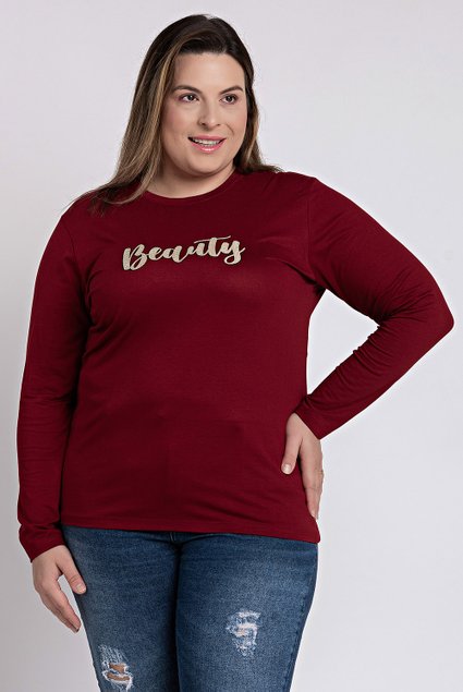 c2616 blusa feminina manga longa em malha visco com aplique beauty