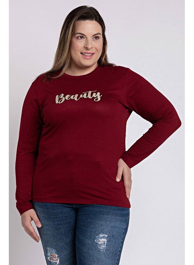 c2616 blusa feminina manga longa em malha visco com aplique beauty