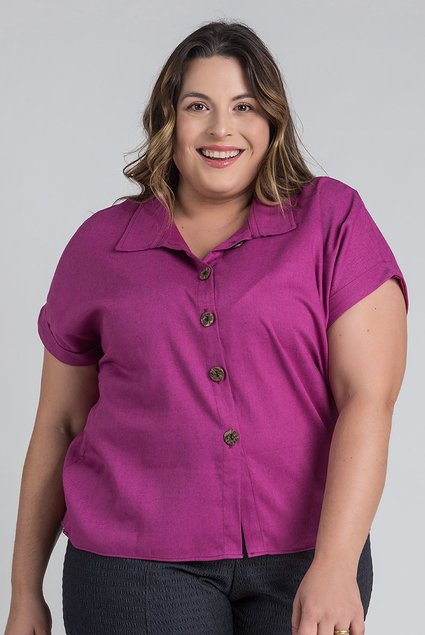 blusa feminina plus size viscose linho fechamento botoes cereja rosa