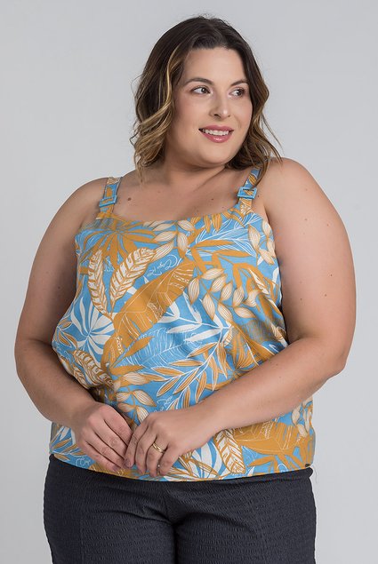 Blusa Feminina Plus Size Visco Linho Alcinhas Detalhe Fivela Folhagem  Cereja Rosa