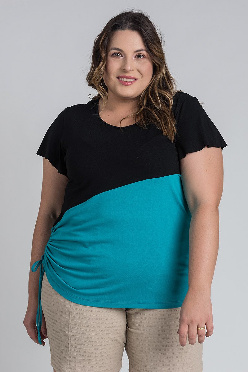 Blusa Feminina Plus Size Visco Bicolor Detalhe Lateral - Serena