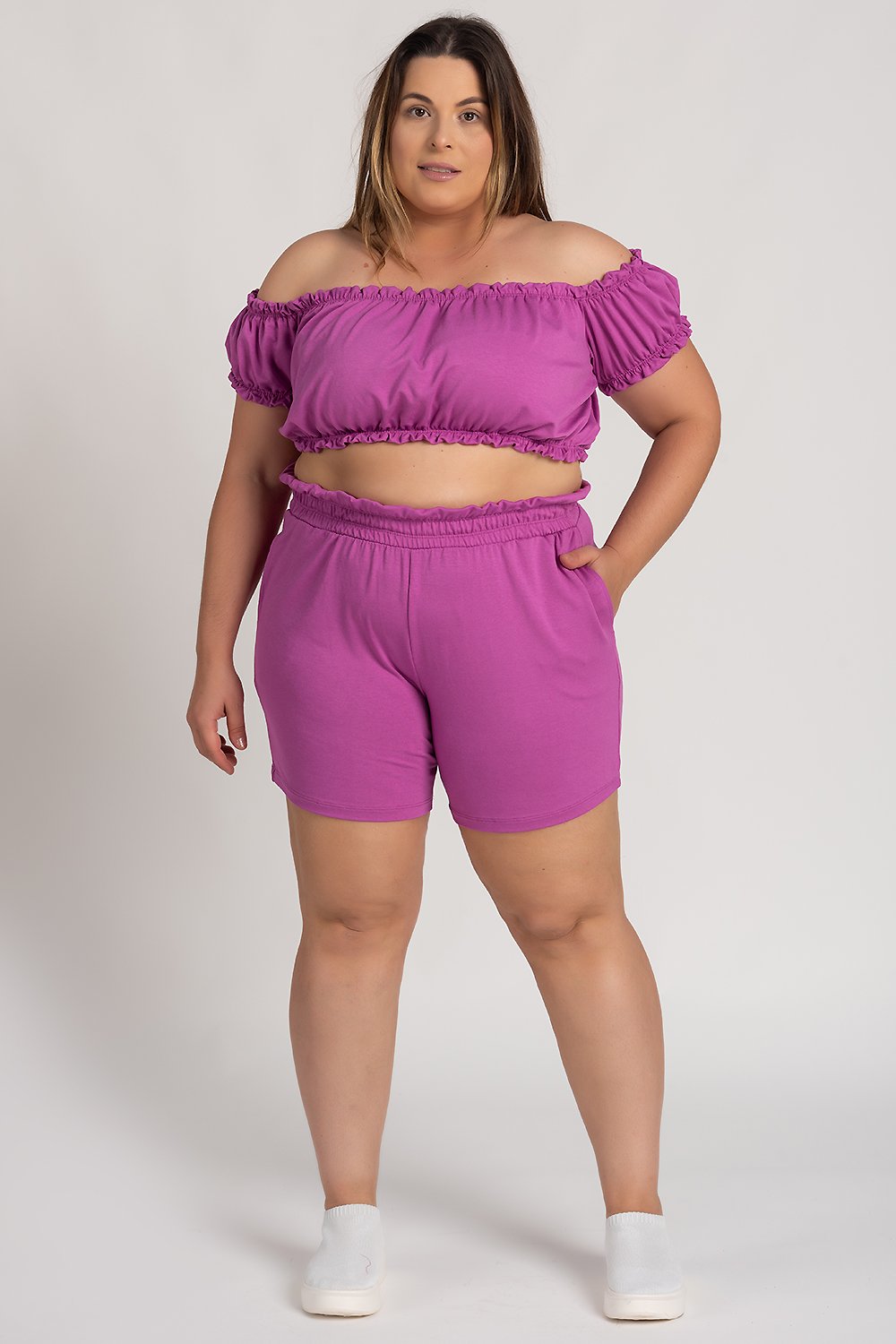 Conjunto Feminino Plus Size Moletinho Ciganinha Detalhes Babados