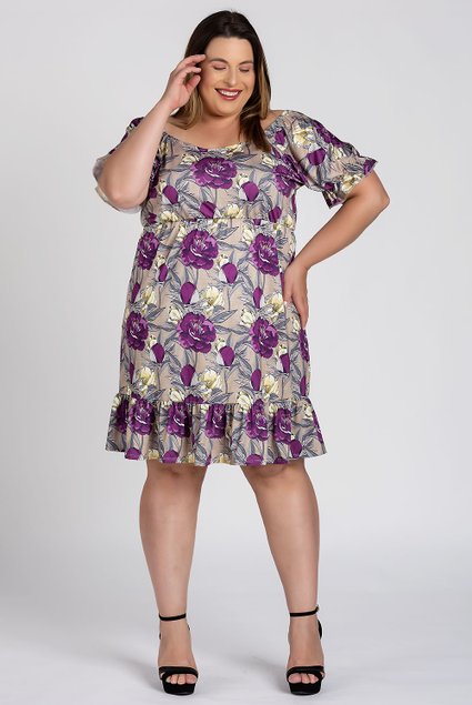 Vestido Feminino Plus Size Mangas Bufante Malha Confort Babado