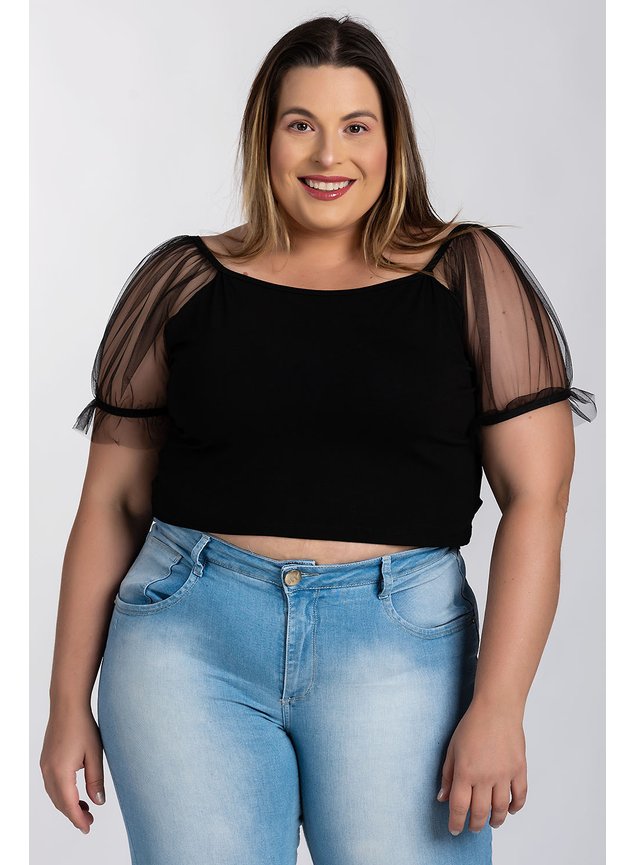 2786 croped feminino plus size visco mangas bufante babado tule serena
