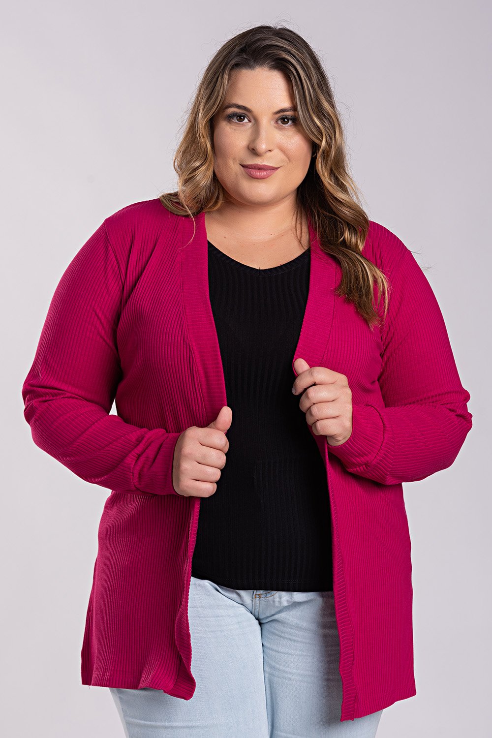 Cardigan Feminino Plus Size Detalhe Canelado Largo Fechamento