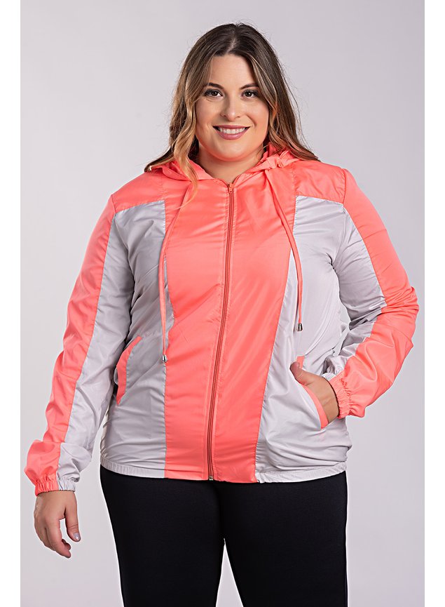 2706 jaqueta feminina plus size corta vento capuz fechamento ziper bicolor serena