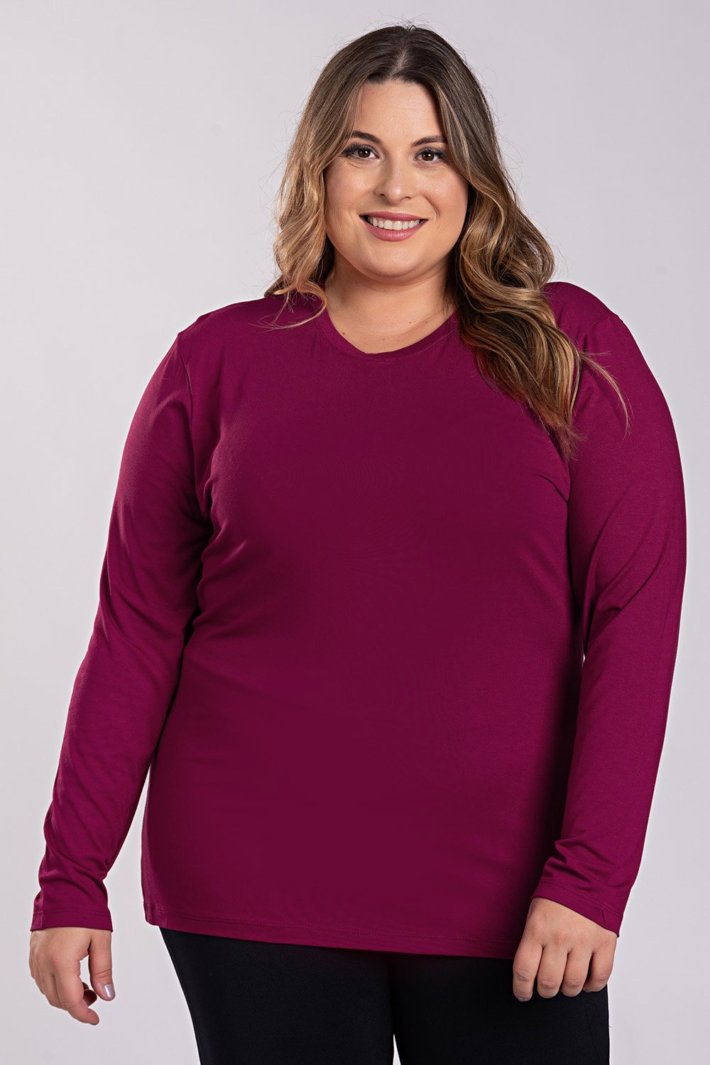Blusa Feminina Plus Size Canelado Botões Fake Decote - Cereja Rosa