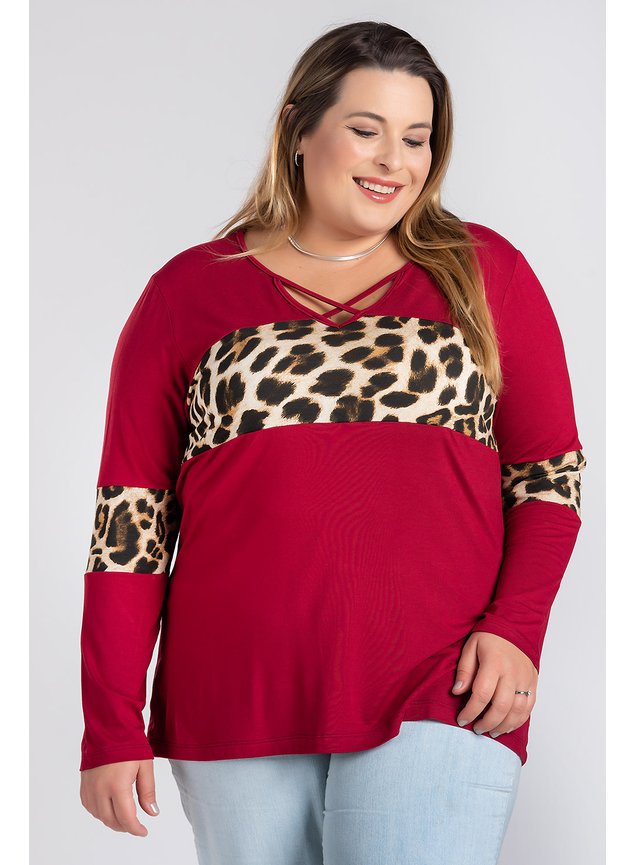 2853 blusa feminina plus size viscolycra com detalhe decote tiras animal print 10
