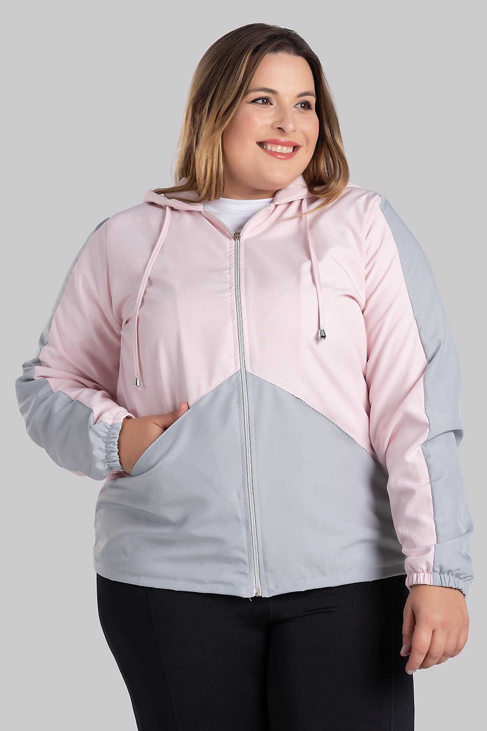 Jaqueta Feminina Plus Size em Microfibra Bicolor Bolso Frente com