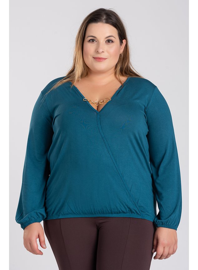 Blusa Feminina Plus Size Manga Longa Transpassada Corrente Metal