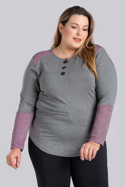 2852 blusa feminina plus size decote com botoes detalhes contrastantes gola mangas serena 7