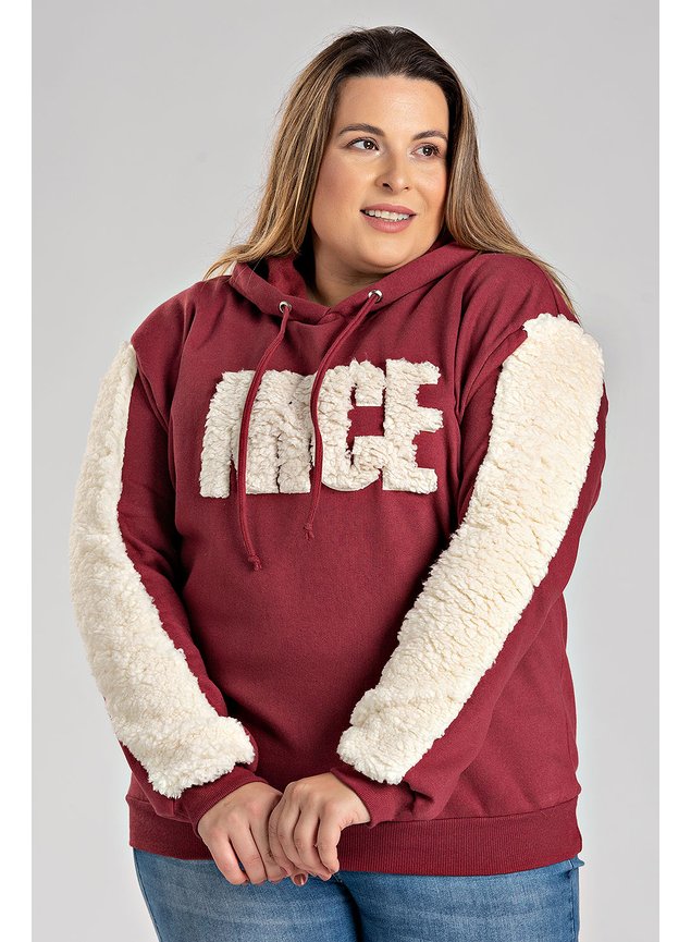 2856 casaco feminino plus size moletom peluciado com aplique e capuz serena
