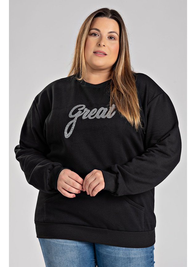 Casaco Feminino Plus Size Moletom Peluciado Bolso Canguru Aplique