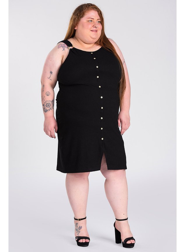 Vestido Feminino Plus Size Canelado Aplique Botões Fivela Alças