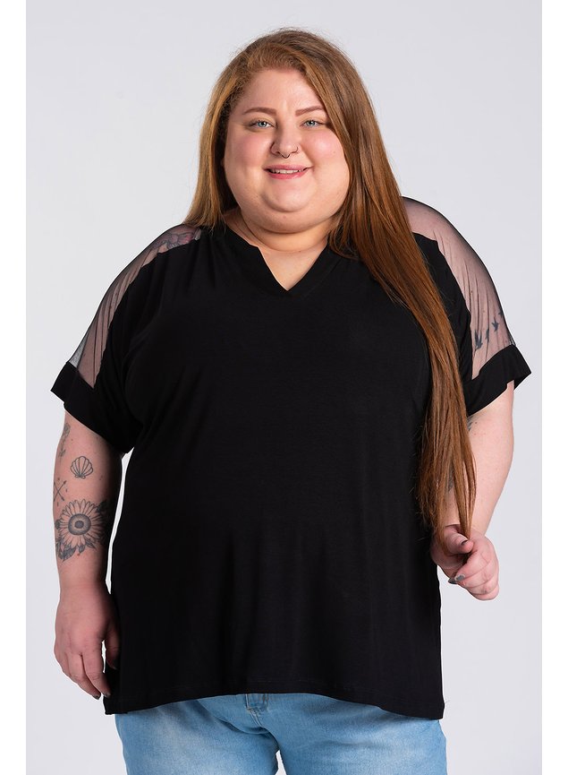2955 blusa feminina plus size visco decote em v detalhe tule mangas serena 9