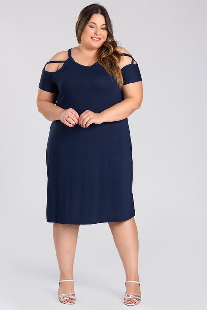Vestido Plus Size Malha Visco Detalhe em Tiras nos Ombros Serena