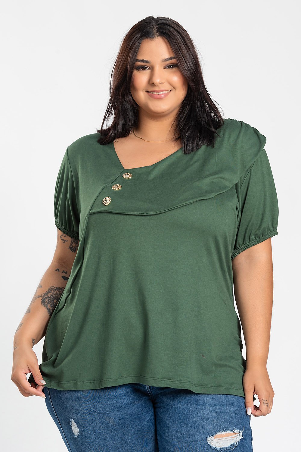 Blusa Feminina Plus Size Malha Suede Detalhe Decote c/ Botões - Serena