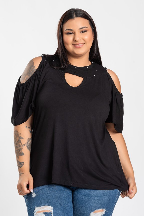 Blusa Feminina Plus Size Malha Viscose Detalhe Decote Strass - Serena