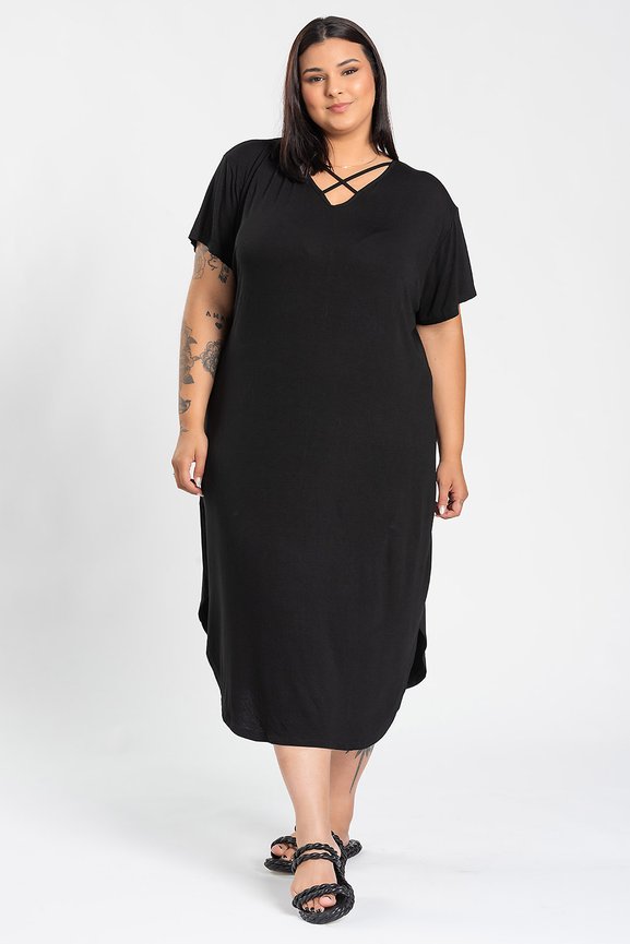 Vestido Feminino Plus Size Malha Viscose Detalhe Decote Vazado - Serena