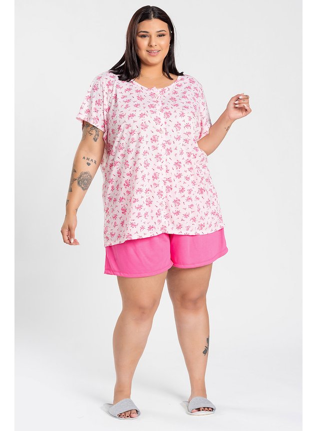 10200 conjunto pijama feminino plus size com abertura de botoes blusa e shorts malha pv peca leve e confortavel 2