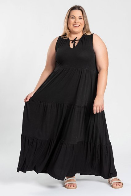 Vestido Longo Plus Size c/ Babados Malha de Viscose Detalhe Decote