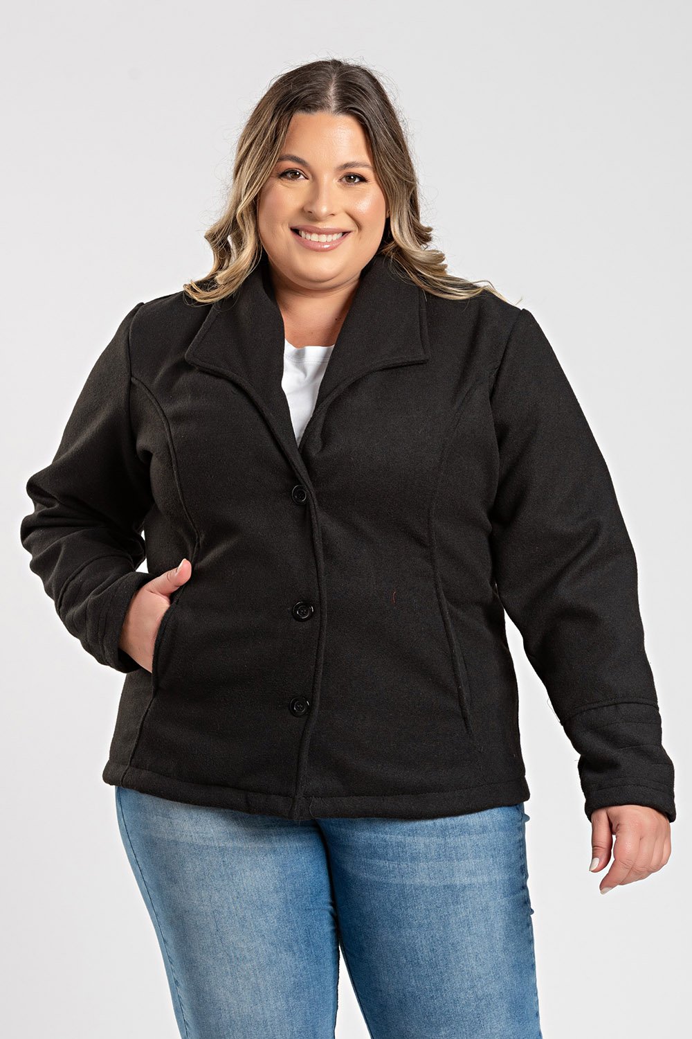 Casaco Feminino Plus Size em Lã Batida c/ Bolso - Serena