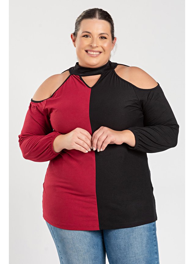 3038 blusa feminina de gola plus size manga longa contraste blusa plussize manga longa duas cores ombro a mostra blusa aberta p
