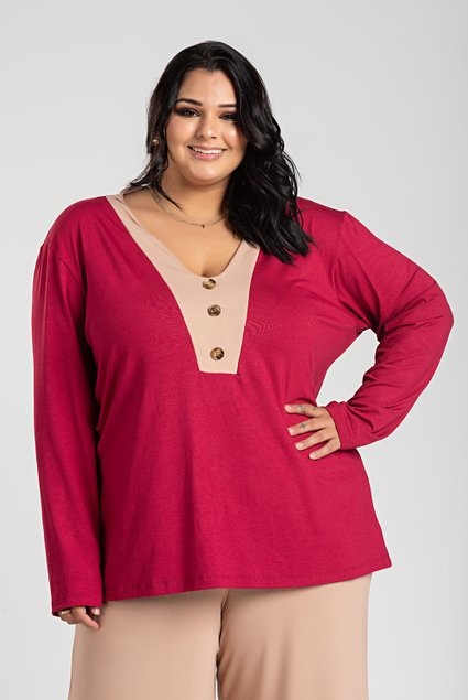 3034 blusa feminina plus size manga longa detalhe contrastante decote bordo 2